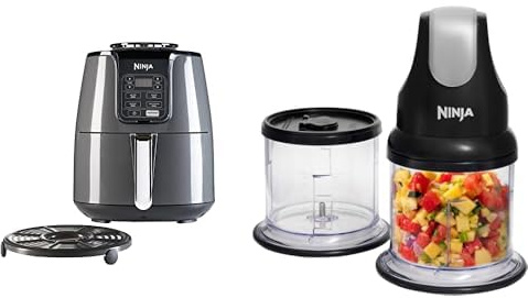 NINJA Air Fryer, 3,8L, 4-en-1, Sans Huile, Frire à l'air, Rôtir, Déshydrate, Panier Antiadhésif, AF100EU + Ninja Express Chop hachoir électrique 500 ml, 200W, 4 lames, NJ1002EUBK