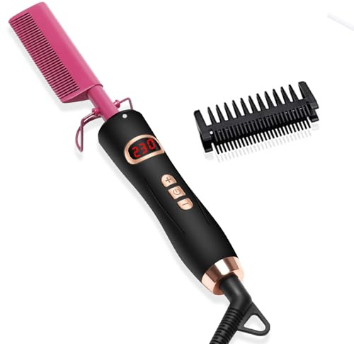 OKWRAP Peigne Chauffant, Peigne Chauffant Cheveux Afro, Lisseur Barbe Homme 120-230℃, Brosse Lissante Cheveux Crepus 110-240V, Brosse Coiffante Chauffante et Protection Anti-brûlure