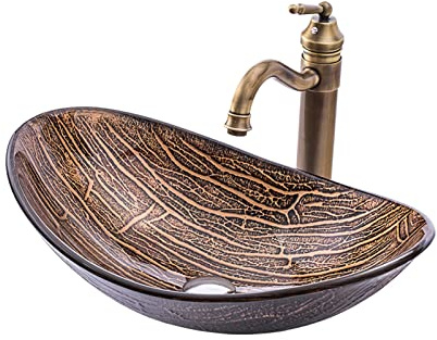 GLJTUO Bathroom Vessel Sinks Boat Shape, 540 X 360 X 160Mm Tempered Glass Bathroom Mounting Ring Vanity Wash Basin With Waterfall Bathroom Faucet And Pop Up Drain,Set D,Set D