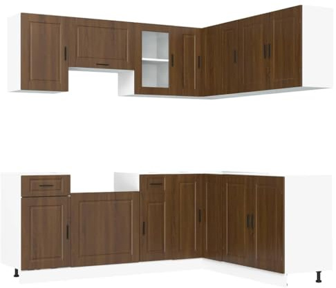 Heofavd 11-TLG. Küchenzeile Porto Küchenschrank-Set in Braun Eichen-Optik, Moderne Einbauküche aus Holzwerkstoff mit Unterschränken und Hängeschränken für Viel Stauraum, 11-teilig