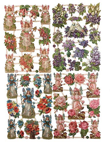 Glanzbilder Elfen und Blumen Set aus 4 verschiedenen Oblaten Papierbögen zum Basteln und Verzieren