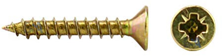 Lot de 100 vis 2,5 x 18 mm. Tout filetage IROX en acier galvanisé jaune. Tête cruciforme. Pozidriv PZD. Plateau évasé. Vis pour bois et aggloméré. 2,5 x 18 cm.