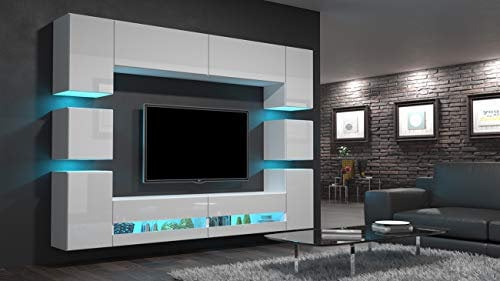 FURNITECH Heidi AN36 Mediawand mit Led Beleuchtung Möbel Wohnzimmer Schrankwand Wohnwand Wandschrank (AN36-18HG-W2 1A (ohne Füße), LED blau)