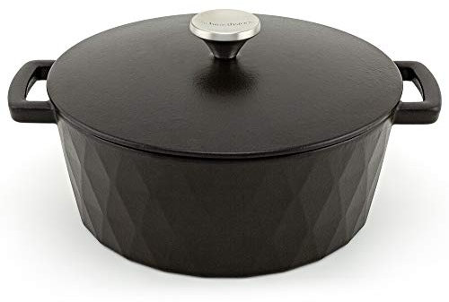 HearthStone Cookware - Cocotte Diamond de Hierro Fundido Esmaltado, Negro Satinado, 26 cm, 5.2 l. Para Todas las Superficies, incluyendo Inducción y Horno.