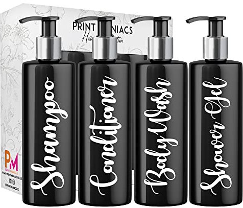 Print Maniacs Black Mrs Hinch Inspired Personalised 500ml Pump Bottles Bathroom Lotion Kitchen Set Shampoo Conditioner (Shower Gel Set) (White)
