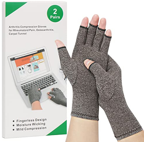 2-Paar Arthritis-Kompressionshandschuhe zur Linderung von rheumatoider Osteoarthritis, Muskelverspannungen lindern, fingerlos, atmungsaktiv & feuchtigkeitsregulierend, Frauen und Männer (Grau, M)