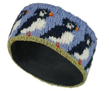 Pachamama Women Wool Ear Warmer Headband Fleece Lined Handknitted Puffin Multicoloured One-Size Handmade Fair Trade