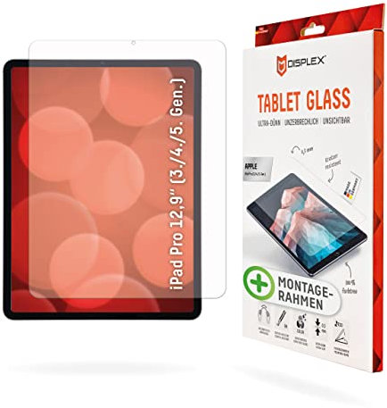Displex Tablet Glass (9H) für Apple iPad Pro 12,9'' (3./4./5./6. Gen.), Eco-Montagerahmen L-Form, unzerbrechlich, ultra-dünn, unsichtbar