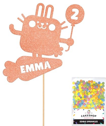 Personalised Pet Bunny Rabbit Glitter Cake Topper Rose Gold Any Custom Age & Name Glitter Cake Decoration and Sprinkles - Happy Birthday Decorations - Personalised Toppers for Cakes by Cakeshop