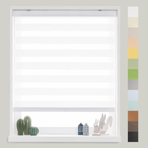 FOIRESOFT Standard schnurlose, maßgeschneiderte Zebra-Rollos [Basic, Weiß, B 29 x H 162,6 cm), zweilagig, durchscheinend für Tages- und Nachtlichtkontrolle, Privatsphäre, 50,8 bis 266,7 cm Höhe