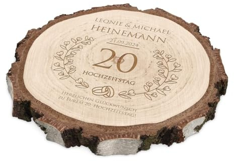 Maverton runde Deko Holzscheibe mit Gravur, Untersetzer aus Birkenholz | Durchmesser: 16-22 cm, Dicke: 1,5-2,5 cm, Holzkreise personalisiert, Deko Baumscheibe für Paar, Lorbeerkranz