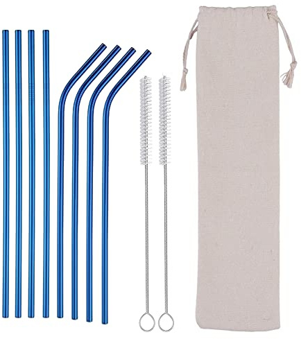 Hooton Homeware Metal Reusable Straws and Cleaner, Set of 8 Coloured Stainless Steel Drinking Straws 21.5cm 0.06cm 8.5'' (4 Straight + 4 Bent + 2 Brushes with Bag Case) (Blue)