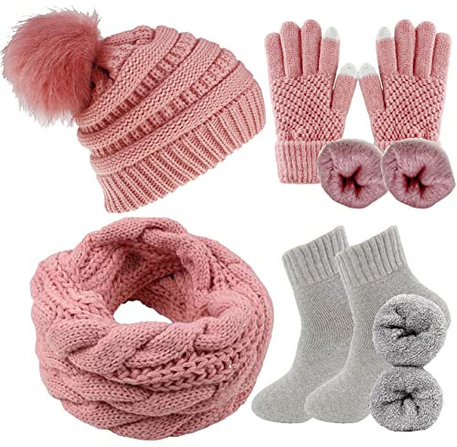 CheChury Damen Kombi Set Schal Mütze Set Loop Schal Gestrickt Beanie Strickmütze Fleece Bommelmütze Pompon Touchscreen-Handschuhe Strick mit Kreis Geschenkset für Frauen,Rosa-2