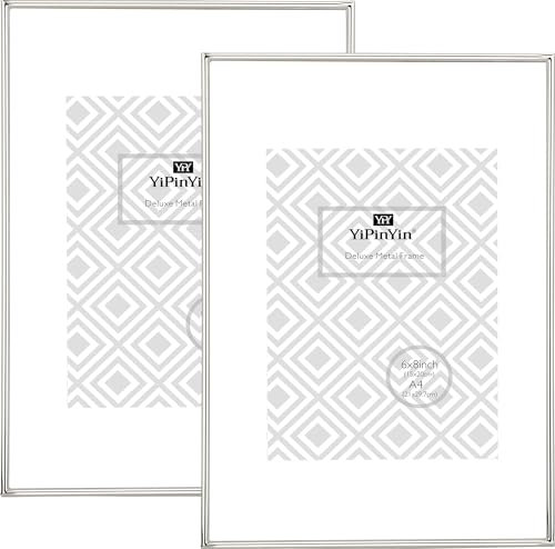 A4(21x29.7cm) Silver Metal Picture Frame with Mat for 6x8'' Set of 2, Narrow Silver Plated Photo Frames A4 With Soft Touch Velvet Backing for Desktop and Wall Décor