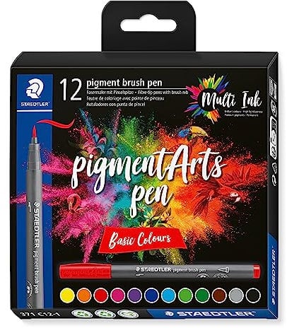 STAEDTLER brush pen pigment Arts, pigmentierte Premium-Zeichentusche, Pinselspitze für variable Linienbreite, wasserfest, 12 brush pens in sortierten basic colours im Kartonetui, 371 C12-1