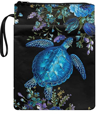 HUIACONG Flower Turtle Buchhüllen mit Reißverschluss, Buchhülle mit Fronttasche, Buchhülle mit tragbarem Seil, Buchhüllen für Lehrbuch, Bibel, Buchschutz, 29,6 x 21,4 cm