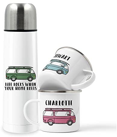 Personalised Campervan Enamel Mug Set - Travel & Adventure - Gift for Him or Her - Motorhome Mug Flask Set - Add Name and Text - Unique Custom Present