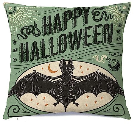 RABUSOFA Happy Halloween Wurfkissenbezüge, 45,7 x 45,7 cm, Vintage-Kissen, dekoratives Wurfkissen, Fledermaus-Kissenbezug, quadratisch, grün, Leinen, Dekorationen für Sofa, Bett, Couch