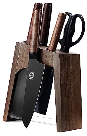 MITSUMOTO SAKARI 6 Pcs Professional Japanese Kitchen Knife Set, German Premium Alloy Steel Cooking Knife Set with Block, Walnut Knife Block with Knives and Scissor (Built-in Sharpener)