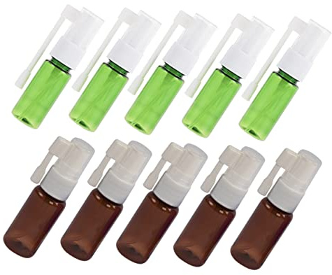 FONDOTIN 15ml Small Refillable Spray Bottles 10pcs Plastic Pump Spray Containers for Travel and Daily Use, Portable Green and Brown Flat Shoulder Nose Mist Sprayers
