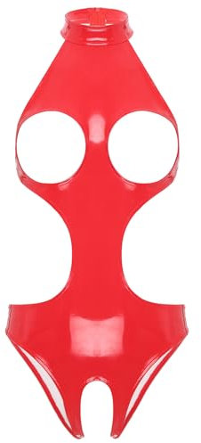 JEATHA Damen Glänzend Bodysuit Catsuit Trikot Body aus Leder Lack mit Offen Schritt Stringbody High Cut Thong Clubwear S-XL, 5 Stil K Rot 4XL