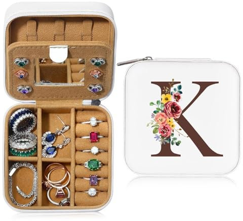 Initiale Kleine Schmuckkästchen mit Namen Initiale K und Blume - Travel Organizer Box mit Spiegel für Damen und Mädchen - Geschenk für Geburtstage, Weihnachten, Muttertag