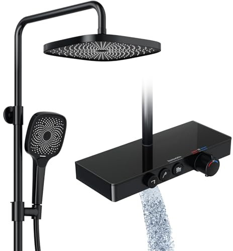 Rainsworth columna da ducha termostatica con repisa de cristal Negro, ducha de techo de 26*26 cm, caño en cascada oculto, Alcachofa Ducha Lluvia y 3 Tipos Duchas de Baño, 920 mm-1260 mm barra de ducha