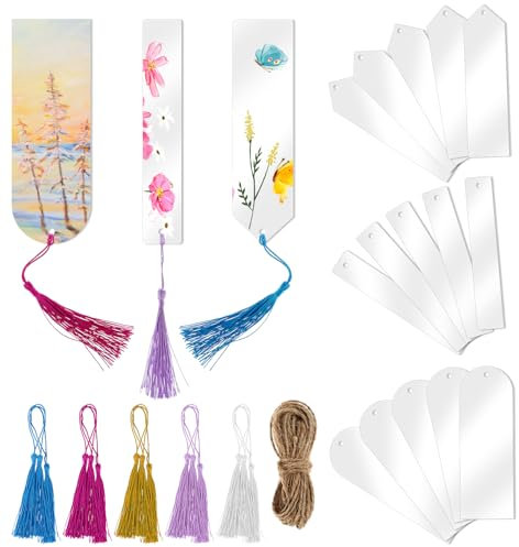 Dimeho 31 Stück Acryl Lesezeichen Rohlinge, BlankoTransparente Lesezeichen Personalisiert Bastel-Lesezeichen mit Quasten und Bindfaden DIY Handwerk Abschlussfeier Geschenkanhänger (3 Formen)