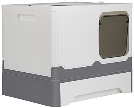 Bac à Litière pour Chat: Maison de Toilette Chat XXL Grande Caisse Chats Litiere Fermée Facile à Nettoyer avec Pelle et Brosse pour Massage, 45 * 35 * 38 PP -Gris