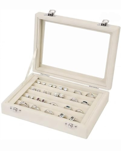 EONGOA Schmuckkästchen, Ringe, Organizer, Tablett, 7 Fächer, Samt, für Schmuck, Ohrringe, Aufbewahrungsbox mit transparentem Deckel, Schmuckvitrine für Mädchen und Frauen (Beige)