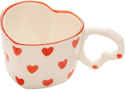 FülleMore Süße Kaffeetasse mit Herz-Henkel 250ml Porzellan Kaffeebecher Herzform Keramiktasse Valentinstagsgeschenk Geburtstag Geschenkidee für Freund Freundin Partner (Rot)