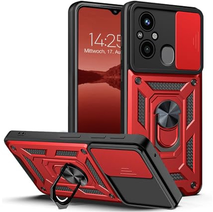 LBH Armor Hülle für Xiaomi Redmi 12C Case mit Kameraschutz Outdoor Stoßfest Handyhülle 360 Grad Metal Ring Halter Ständer Schutzhülle für Handyhalterung Auto Magnet Rot