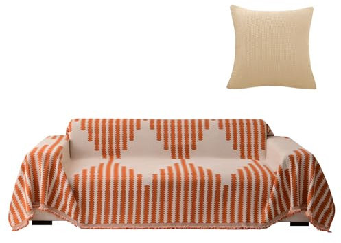 Sofa überwurfdecke für 2-/3-/4-Sitzer, sofaüberwurf Decke Couch überwurf Baumwolle Waschbar Anti-rutsch Schmutzabweisend Kissen couchdecke überwurf Nahtlos mit Quasten(180 x 300 cm, Striped Orange)