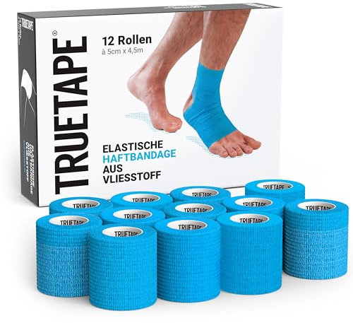TRUETAPE Haftbandage | Selbstklebender Verband I 12 Rollen Verbandsmaterial in vier Farben à 5cm x 4,5m | Selbsthaftende elastische Bandage I Fixierbinde (Blau)
