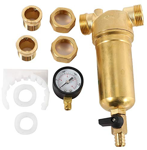 Rfeeuubft Vorfilter aus Kupfer, komplett, 1 bis 3/4 , geothermischer Bodenheizungsfilter, hohe Temperatur, Rückspülfilter, Manometer