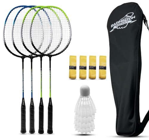 Magicorange Badmintonschläger-Set, 4 Stück, für Outdoor-Spiele, einschließlich 4 Schläger, 4 Federbälle, 4 Ersatz-Griffbänder und 1 Tragetasche (Blau + Grün)
