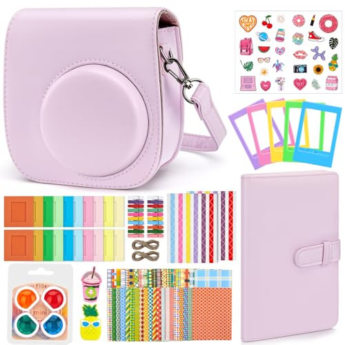 Eurhomewit Sofortbildkameras Zubehör Set für Fujifilm Instax Mini 12, Enthält Tasche für Instax Mini 12 / Fotoalbum/Fotorahmen/Filte/Cartoon Aufkleber/Grenzen Eck Aufkleber - Blossom Pink