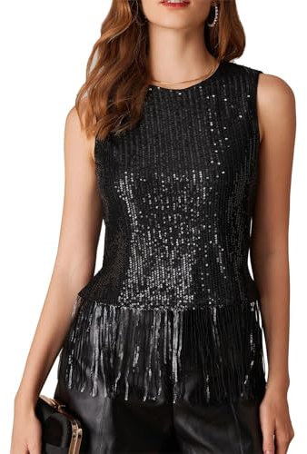 GRACE KARIN Damen Pailletten Top Mit Rundhals Ausschnitt Glitzer Party Oberteil mit Fransen Schwarz L