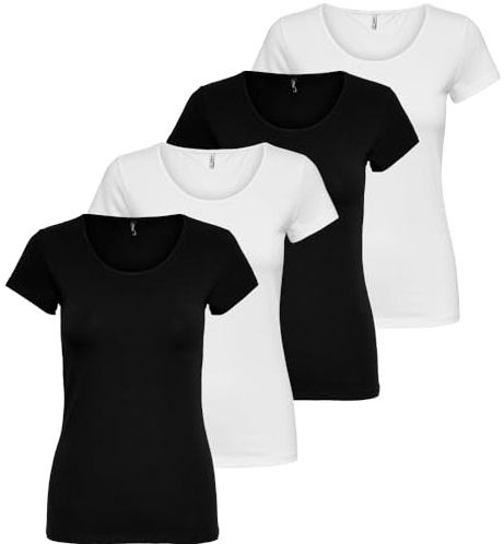 ONLY Damen 4er Pack T-Shirt Live Love Kurzarmshirt Basic Baumwollmix schwarz weiß Farbmix XS S M L XL