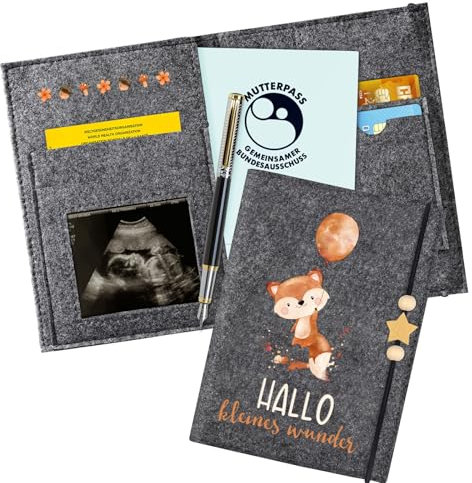 Mutterpasshülle aus Filz für Deutschen Mutterpass, Mutterpass-Schutzhülle zur Aufbewahrung von Impfpass usw,Süßes Geschenk für Schwangerinen und Zukunftige Mütter (Fuchs dunkelgrau)