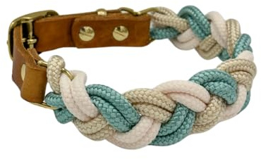 Pfoten Chic geflochtenes Tau Halsband | Tauhalsband geflochten für Hunde mit edlen Leder Applikationen | Leder Halsband (Cream Light Gold Seagreen, Beschläge Gold)