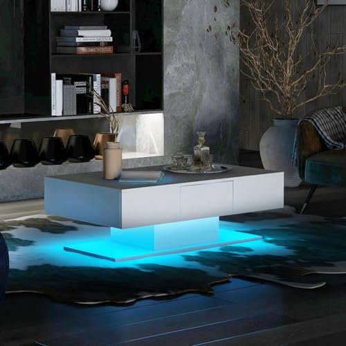 PUGSDRLY Table Basse,Table Basse Salon Moderne avec 2 Tiroirs de Rangement,Table de Salon avec éclairage LED,Blanc Table Basse Rectangulaire,100x60x35.5 cm (D)