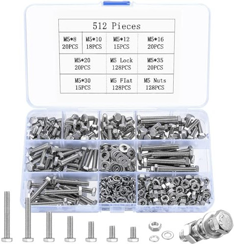 512 Pcs M5 Juego de Tornillos y Tuercas y Arandelas, Tornillos con Cabeza Hexagonales, Pernos Tornillos de Cabeza Hexagonales y Tuercas, Tornilleria de Hexágono, Tornillo Hexagonal Inox