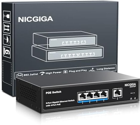 4-Port Gigabit PoE Switch Unmanaged mit 4 Port IEEE802.3af/at PoE @78W, 1 x 1000Mbps Uplink, NICGIGA 5-Port Network Power Over Ethernet Switch, VLAN-Modus, Desktop-/Wandmontage.