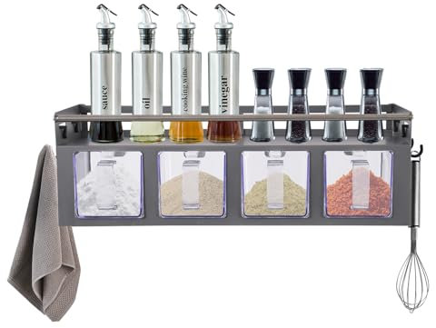 gegeweeret Hängender Gewürzorganisator mit 4 Stück Trennbare Gewürzregal Gewürzdosen,Wandmontiertes Küchenregal für Salz Pfeffer Zucker Gewürze Zucker (Grau)