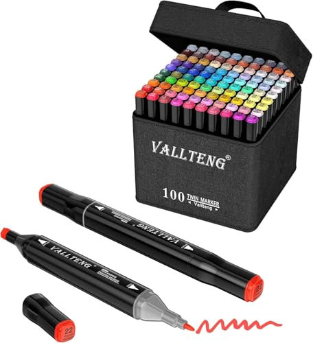 Vallteng 100 Colors Graphic Marker Pen Dual Tip Sketch Pen Twin Marker Double Ended Finecolour Sketch Marker Broad and Fine Point Tip with Black Bag