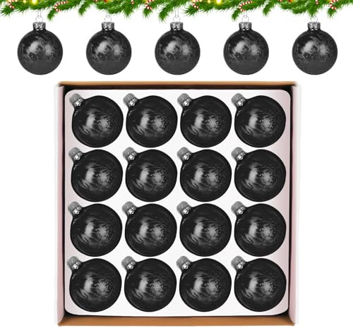 Anstore 16 Stück Weihnachtskugeln, Schwarz Weihnachtskugeln aus Glas, Christbaumkugeln ∅ 6cm, Christbaumschmuck mit Spezielles Federmalverfahren, Weihnachtsdeko für Feiertage und Partydekoration