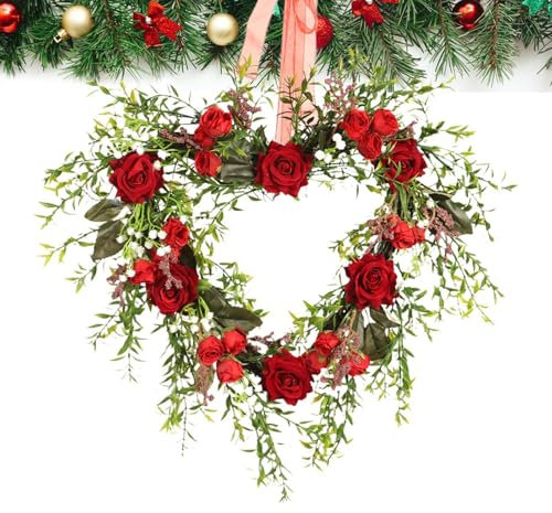 Valentinstagskranz, Valentinstags-Dekorationen, , rote Rosen-Herz- , Blumenrosen-Türkranz, künstlicher Blumenkranz, 40 cm , Valentinstagsdekoration