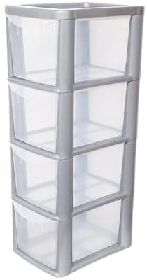 KYY'Z Rattan Effect 3 Drawer Plastic Storage Organizer- Multipurpose Storage Drawer Unit Home Kitchen Office School Garage Bedroom Bathroom Stationery Toys 25Dx19Wx 48Hcm (Silver/Clear, 4 Tier)