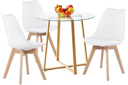 H.J WeDoo Esszimmergruppe Esstisch mit 3 Stühlen Essgruppe, Rund Tisch Glas und Esszimmerstühle Sitzgruppe für Balkon, Esszimmer, Küche, Wohnzimmer(Glas Tisch+3 Weiß Stühle)